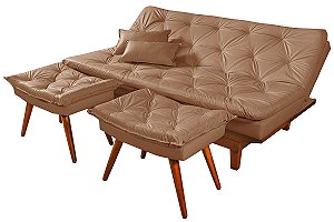 Sofá Cama Courino Bege Reclinável Caribe + Duas Banquetas Rubi