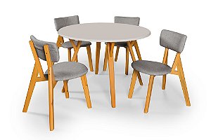 Conjunto Sala de Jantar Liz Mesa 110cm Com 4 Cadeiras em Linho Cinza