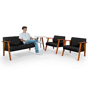 Conjunto Namoradeira 2 Lugares Com 2 Poltronas em Courino Preto e Mesinha - Madri