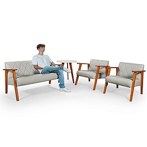 Conjunto Namoradeira 2 Lugares Com 2 Poltronas em Courino Gelo e Mesinha - Madri