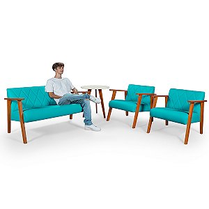 Conjunto Namoradeira 2 Lugares Com 2 Poltronas em Courino Azul Turquesa e Mesinha - Madri