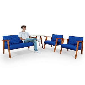 Conjunto Namoradeira 2 Lugares Com 2 Poltronas em Courino Azul Marinho e Mesinha - Madri