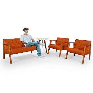 Conjunto Namoradeira 2 Lugares Com 2 Poltronas em Courino Laranja e Mesinha - Madri