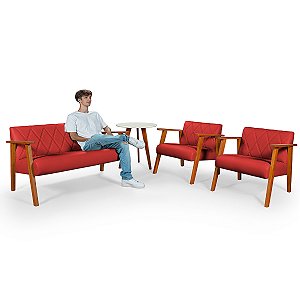 Conjunto Namoradeira 2 Lugares Com 2 Poltronas em Courino Vermelho e Mesinha - Madri