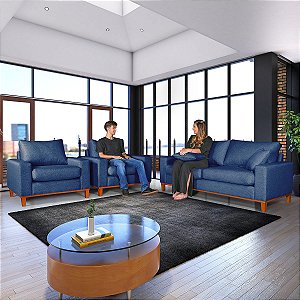 Conjunto Sofá 3 Lugares Istambul Com 2 Poltronas em Linho Azul
