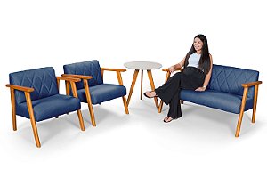 Conjunto Sofá Namoradeira 2 Lugares Com 2 Poltronas em Linho Azul e Mesinha - Madri