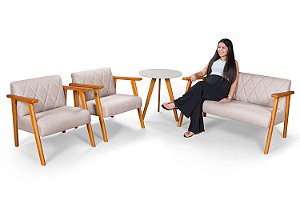 Conjunto Sofá Namoradeira 2 Lugares Com 2 Poltronas em Linho Champagne e Mesinha - Madri