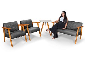 Conjunto Sofá Namoradeira 2 Lugares Com 2 Poltronas em Linho Grafite e Mesinha - Madri