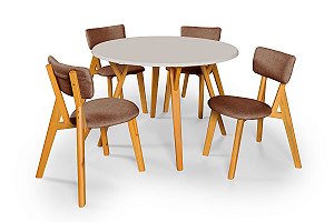 Conjunto Sala de Jantar Liz Mesa 110cm Com 4 Cadeiras em Linho Marrom