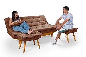 Sofa Cama Caribe em Linho Marrom 3 Posições Com 2 Banquetas