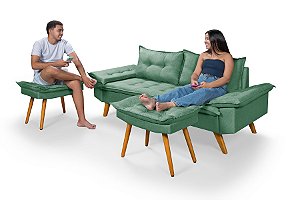 Sofá Bariloche 3 Lugares Linho Verde Com 2 Banquetas