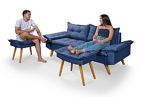 Sofá Bariloche 3 Lugares Linho Azul Com 2 Banquetas