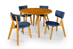 Conjunto Sala de Jantar Liz Mesa Ripada 110cm Com 4 Cadeiras em Linho Azul