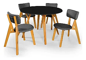 Conjunto Sala de Jantar Liz Mesa Preta 110cm Com 4 Cadeiras em Linho Grafite