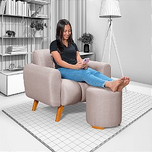 Poltrona Com Puff Dallas em Linho Bege