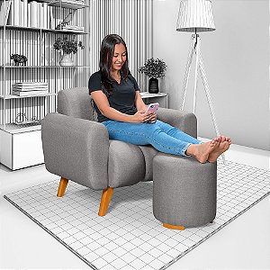 Poltrona Com Puff Dallas em Linho Cinza