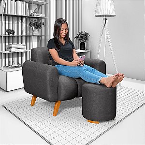 Poltrona Com Puff Dallas em Linho Grafite