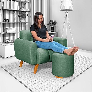 Poltrona Com Puff Dallas em Linho Verde