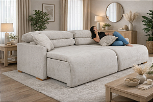 Sofá Cama Retrátil Milão em Tecido Impermeável Bege 2,18m