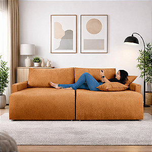 Sofá Cama Retrátil Milão em Tecido Linho Marrom 2,18m