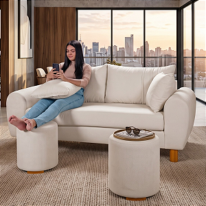 Sofá em Bouclê Off White Living 3 Lugares 185cm + Par de Puff