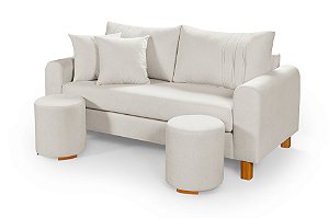 Sofá em Bouclê Off White Living 3 Lugares 180cm + Par de Puff