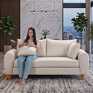 Sofá em Bouclê Off White Living 3 Lugares 185cm