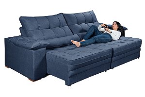 Sofá Cama Retrátil e Reclinável Cancún em Linho Azul 2,50m
