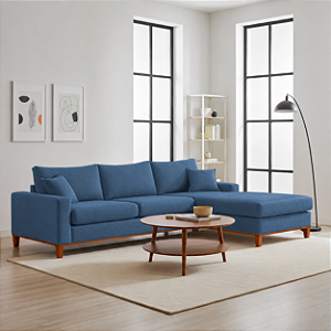 Sofá Lunaro Com Chaise Direito 4 Lugares em Linho Impermeável Azul
