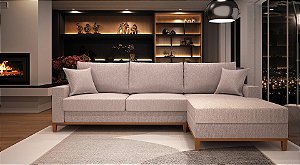 Sofá Amsterdã 3 Lugares 2,44m Living Com Chaise Direito em Linho Impermeável Bege
