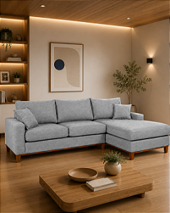Sofá Belvaro em Linho Impermeável Cinza 3 Lugares 2,44m Com Chaise Direito