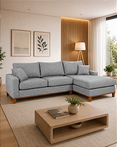 Sofá Belvaro em Linho Impermeável Cinza 3 Lugares 2,44m Com Chaise Direito