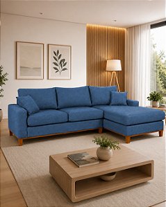 Sofá Belvaro em Linho Impermeável Azul 3 Lugares 2,44m Com Chaise Direito