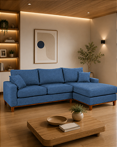 Sofá Belvaro em Linho Impermeável Azul 3 Lugares 2,44m Com Chaise Direito