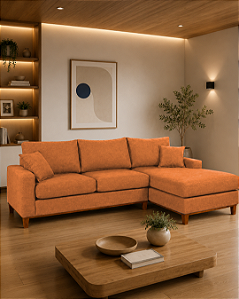 Sofá Belvaro em Linho Impermeável Marrom 3 Lugares 2,44m Com Chaise Direito