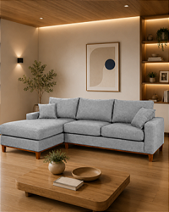 Sofá Belvaro em Linho Impermeável Cinza 3 Lugares 2,44m Com Chaise Esquerdo