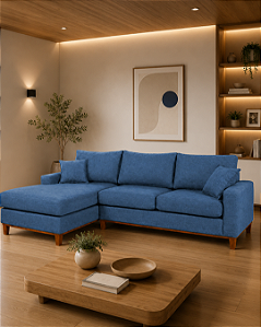 Sofá Belvaro em Linho Impermeável Azul 3 Lugares 2,44m Com Chaise Esquerdo