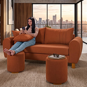 Sofá em Bouclê Terracota Living 3 Lugares 185cm + Par de Puff