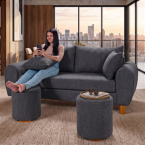 Sofá em Bouclê Cinza Living 3 Lugares 185cm + Par de Puff