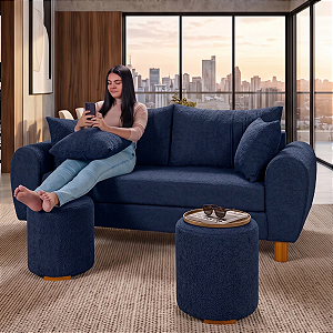 Sofá em Bouclê Azul Living 3 Lugares 185cm + Par de Puff