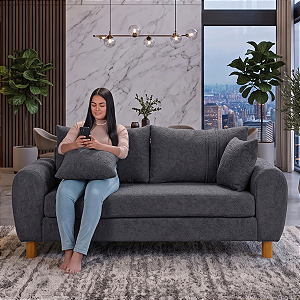 Sofá em Bouclê Cinza Living 3 Lugares 185cm