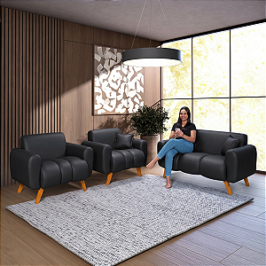 Conjunto Namoradeira Mais 2 Poltronas Dallas em Courino Preto