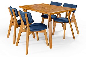 Conjunto Mesa Retangular Ripada Liz 120x80 com 4 Cadeiras em Linho Azul