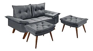 Sofá Dois Lugares Cinza Bariloche Com Duas Banquetas Rubi em Suede