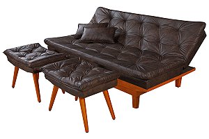 Sofá Cama Courino Marrom Reclinável Caribe + Duas Banquetas Rubi