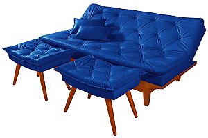 Sofá Cama Courino Azul Marinho Reclinável Caribe + Duas Banquetas
