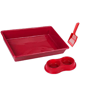 Bandeja - Higiênica pra Gatos Kit Pá + Comedouro Duplo Cor Vermelho