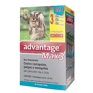 Antipulgas e Carrapatos Advantage MAX 3 com 1 mL para Cães de 4 a 10 Kg 3 unidades