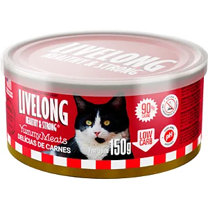 Lata Livelong Healthy & Strong Gatos Delicias de Carnes 150 gr