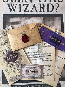 kit aceitação Hogwarts Harry Potter luxo com carta personalizada e selo emborrachado + mapa do maroto + nightbus + bilhete da plataforma